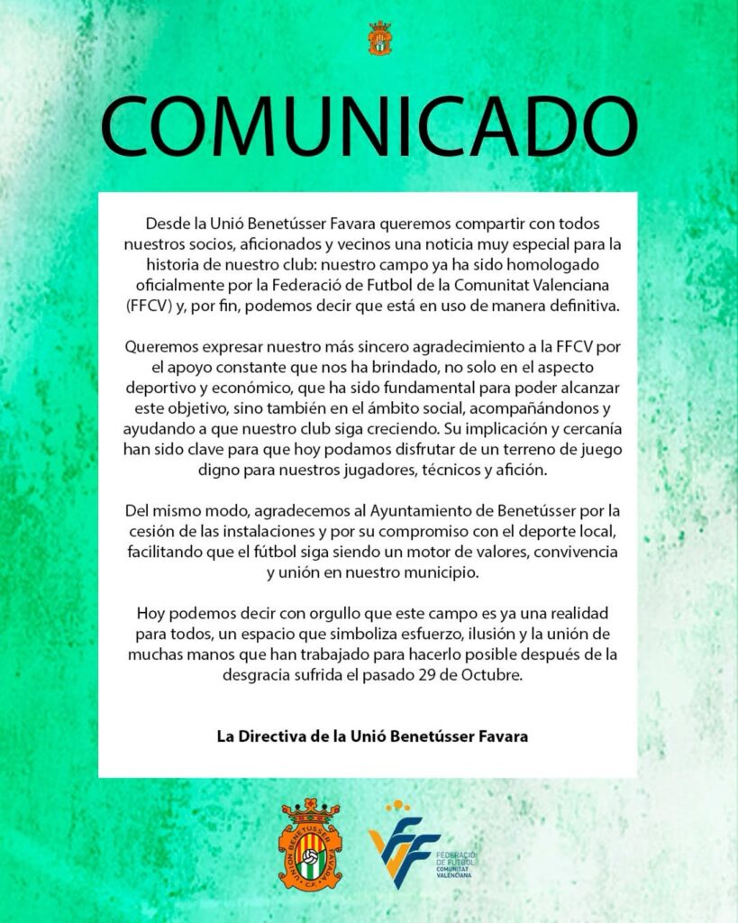 Comunicado Uni&oacute; Benet&uacute;sser Favara 